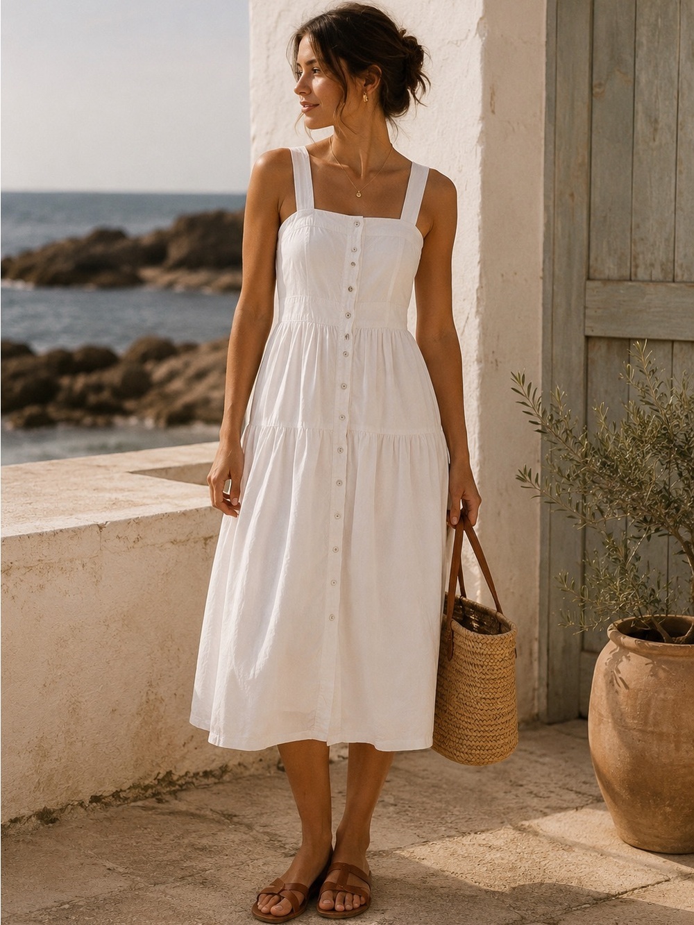 BANANA REPUBLIC | 100% Cotton Midi Dress | Button-Front Tiered Luxury Sundress